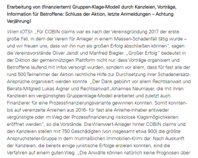 APA-OTS Presseaussendung (c) COBIN claims